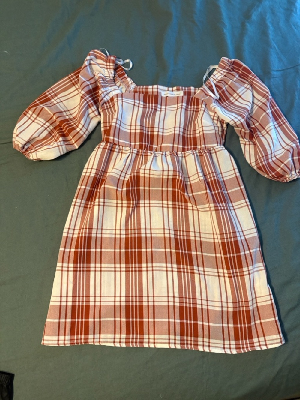 Plaid Rust and Cream Puff-Sleeve Casual Dress